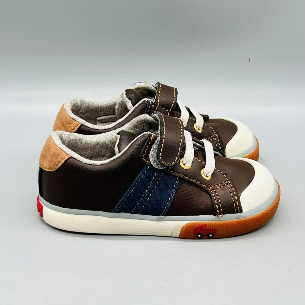 See Kai Run Shoes Boys 7 Brown Leather Car Design Hook Loop Strap Sneakers